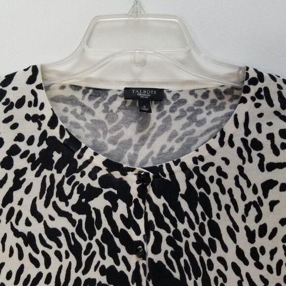 Talbots Cardigan Sweater Black White Animal Print Cotton Bl 3/4 Slv Petite S - Picture 8 of 12